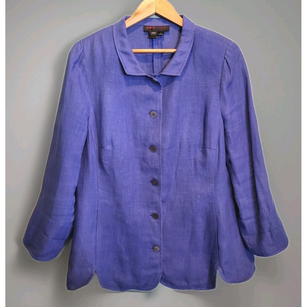 Nina Mclemore Blue Linen Long Sleeve Button Up Shirt Pockets Sz 14